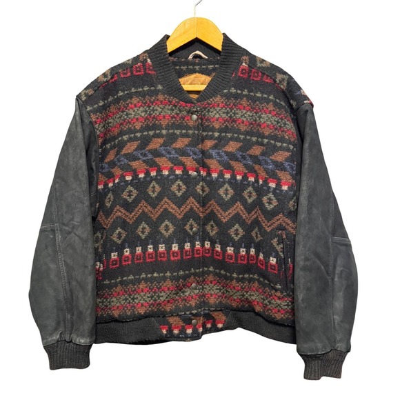 Woolrich Other - Woolrich Mens Vintage Southwestern Wool Leather Sleeve Bomber Jacket Brown 8715